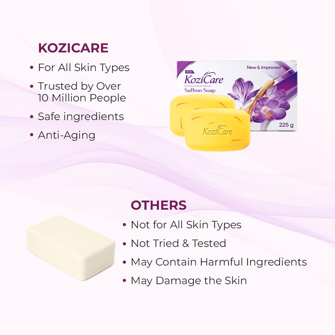 Kozicare Saffron Soap: Skin Brightening, Dark Spot Remover, Saffron, Olive Oil, Kojic Acid, Smooth Acne Scars, Uneven Skin Tone - 75gm Pack of 3