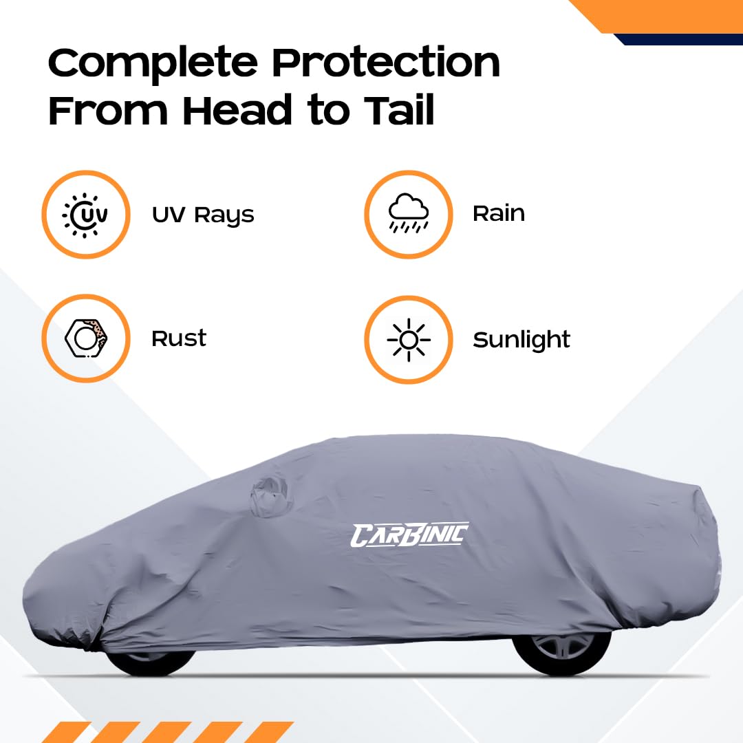 CARBINIC Car Body Cover for MG Hector 2022: Water Resistant, UV Protection, Scratchproof, Dustproof, All-Weather, Mirror Pocket, Antenna, Grey.