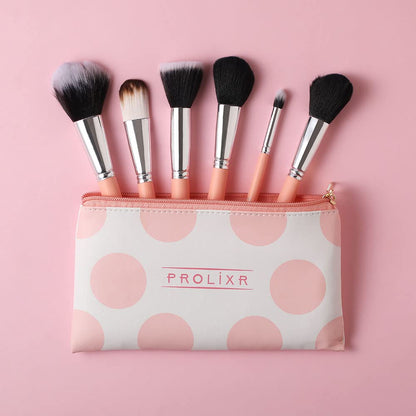 Prolixr Professional Face Makeup Brush Set with Pink Pouch - Foundation, Contour, Blush, Concealer - Vegan, Cruelty-Free - 6 Pieces