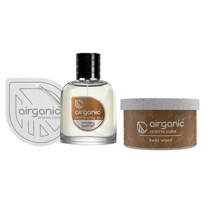 Airganic Aroma Car Freshener Combo Pack  Fine Spray Smokey Leather   Aroma Cube Swiss Wood air fragrance