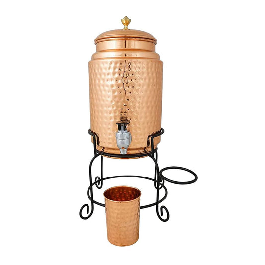 Kuber Industries 5 Litre Copper Water Dispenser with Stand and Glass  BPA Free Non-Toxic  Hammered Texture Rustproof  Durable  With Added Health Benefits of Copper  5L