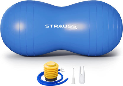 STRAUSS Anti-Burst Peanut Shape Gym Ball with Free Foot Pump, 95x45 cm, Blue. Ideal for Exercise, Yoga, Pregnancy, Balance.