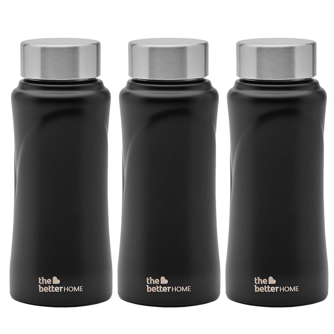 The Better Home 500ml Stainless Steel Water Bottle Pack of 3, Rust Proof, Lightweight, Durable, for Kids and Adults, Black.