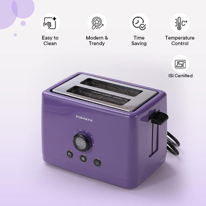 Fumato 1000W 2-Slice Toaster, Stainless Steel, 6 Heating Modes, Removable Crumb Tray, Extra Wide Slots, Cancel/Reheat/Defrost, 1 Yr Warranty, Purple