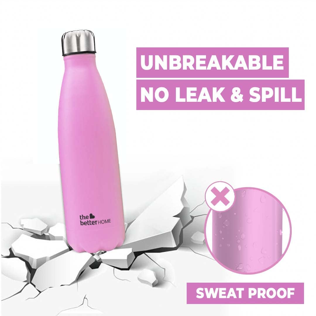 The Better Home Insulated Bottle, 500ml, Pink: Double Wall 304 Stainless Steel, Hot 18 Hrs, Cold 24 Hrs, Leakproof, for Office, Camping, Travel.