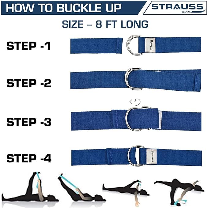 Strauss Yoga Strap, 8ft, Blue, Pack of 24. Ideal for Yoga, Pilates, Therapy, Dance, Gymnastics. Thicker Belt, Adjustable Metal D-Ring Buckle.