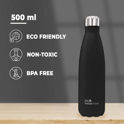 The Better Home 500ml Thermosteel Bottle, 304 Stainless Steel, Hot 18hrs, Cold 24hrs, Rustproof, Leakproof, Insulated, Black.