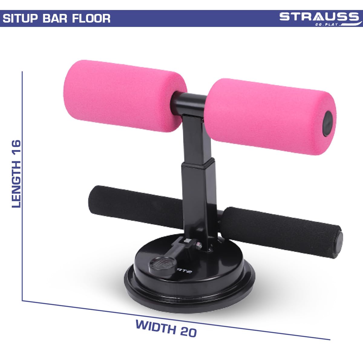 STRAUSS Sit-Up Bar: Portable, Foam Handle, Rubber Suction, Ideal for Abs Home Workout, Sit-ups, Push-ups, Weight Loss, Abdominal Trainer, Pink