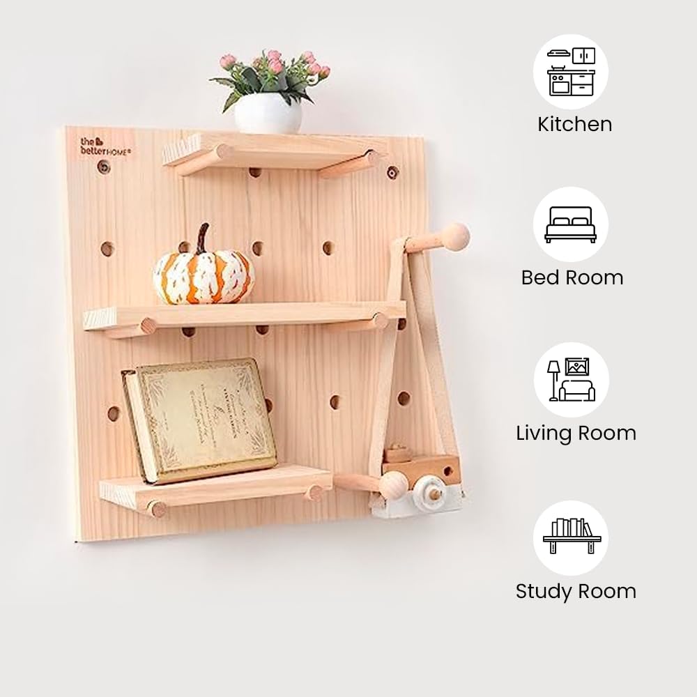 The Better Home Pinewood Pegboard Wall Organizer2Pcs-1616inch Wooden Shelf for Wall  Wall Shelf for Living room Office Bedroom  Wall Hanging Shelf  Wooden Key Holder for Wall Storage Organizer