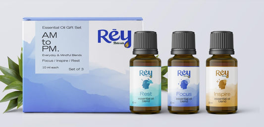 Rey Naturals 100 Natural Aroma Diffuser Essential Oil Set - Rest Focus Inspire - 3 Aromatherapy Blends for Home Fragrance  Stress relief and Headache relief Vanilla Ylang Ylang  Lavender
