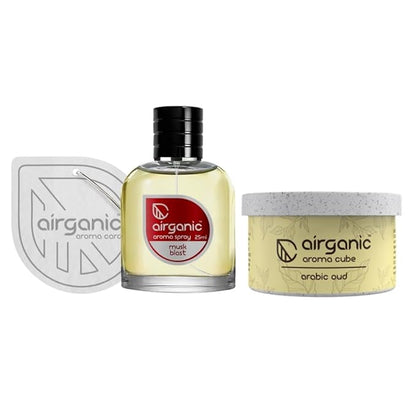 Airganic Aroma Car Freshener Combo Pack  Fine Spray Musk Blast  Aroma Cube Arabic Oud air fragrance