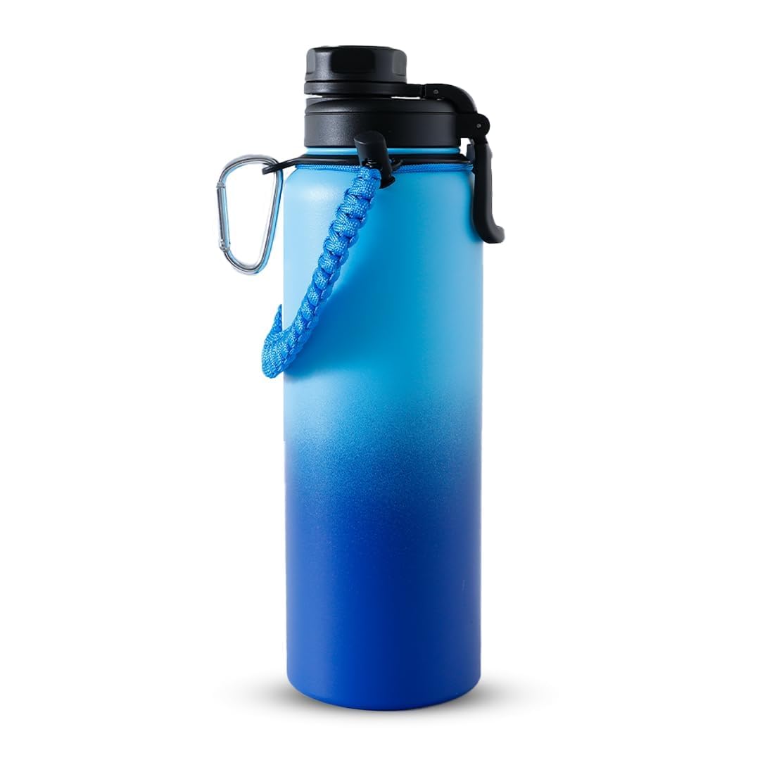 The Better Home 1200ml Stainless Steel Insulated Water Bottle, 6-12 hrs hot/cold, attachable to bags, for school, office, travel. Blue-Aqua.