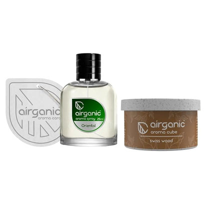 Airganic Aroma Car Freshener Combo Pack  Fine Spray Oriental   Aroma Cube Swiss Wood air fragrance