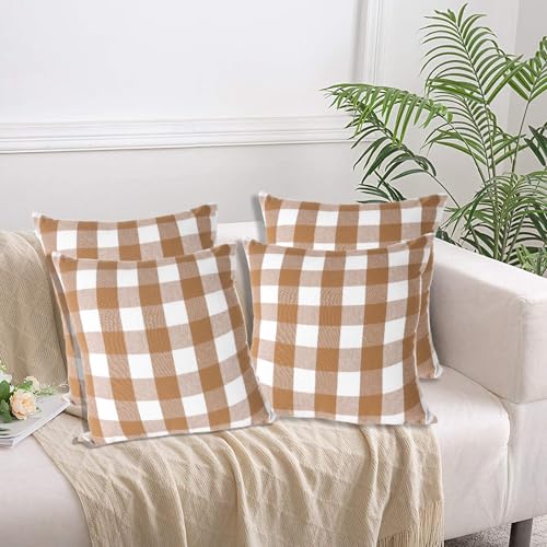 Lushomes Set of 4 Cotton Cushion Covers 16x16 Inch Beige & White Checks