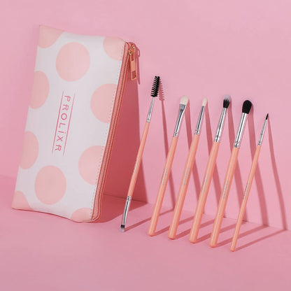 Prolixr Eye Makeup Brush Set: Professional, Precise, Seamless, Hygienic, Vegan. Includes Pink Travel Pouch. 6 Pieces.