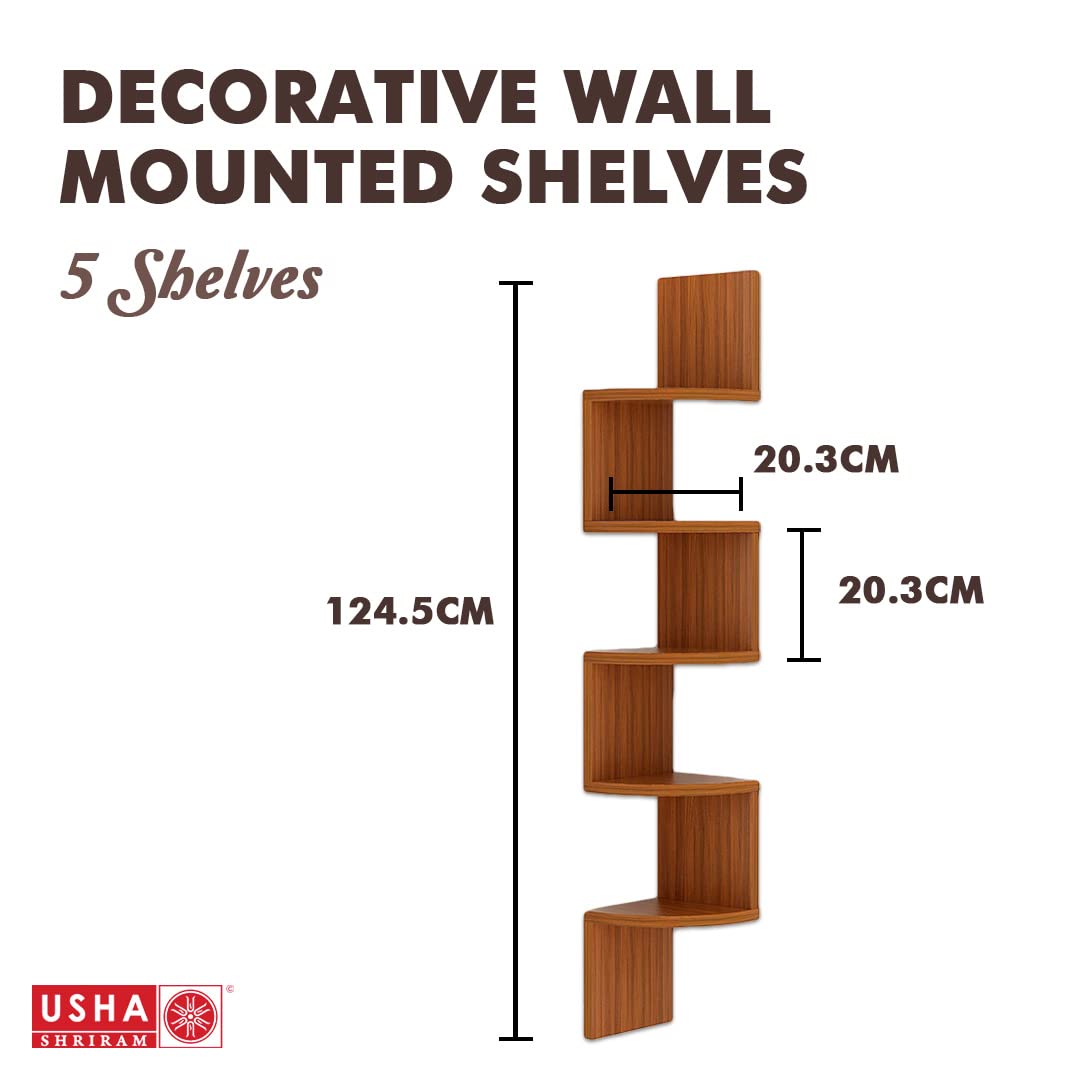 USHA SHRIRAM 5 Tier Zig Zag Corner Wall Shelf for Living Room  Wall Mounted Shelf Engineered Wood  Durable  Sturdy Wall Shelf  Teak Natural  1 Piece