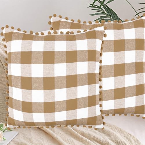 Lushomes Cushion Cover Set of 2, 20x20 Inch, Beige & White Checks, Pom Pom Cotton, 50x50 cm.