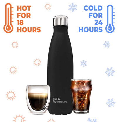 The Better Home 500ml Thermosteel Bottle, 304 Stainless Steel, Hot 18hrs, Cold 24hrs, Rustproof, Leakproof, Insulated, Black.