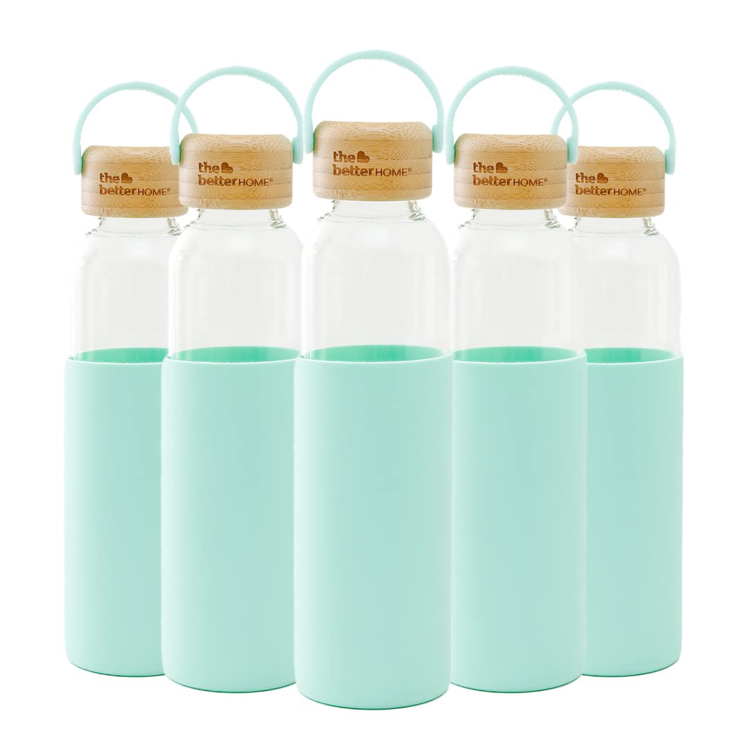 The Better Home Borosilicate Glass Water Bottle with Sleeve 500ml  Non Slip Silicon Sleeve  Bamboo Lid  Fridge Water Bottles for Men Women  Kids  Water Bottles for Fridge  Green Pack of 5