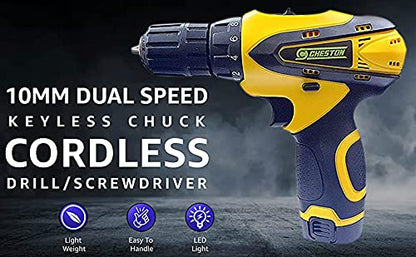 Cheston 10 mm Dual Speed Keyless Chuck 12V Cordless DrillScrewdriver with LED Torch Variable Speed. rpm 0-350 1350