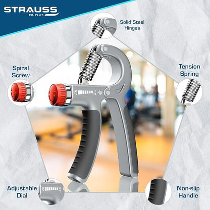 Strauss Adjustable Hand Grip 10KG-40KG for Home Gym Workouts, Finger, Forearm, Hand Exercises for Men & Women, Black/Grey, Pack of 5