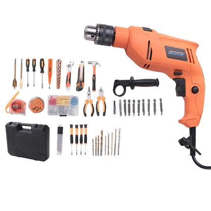 Cheston 13mm 600W Impact Drill Kit with 47 Tools: Screwdriver, Hammer, Wrench, Plier, Cutter, Spirit Level, Tape.