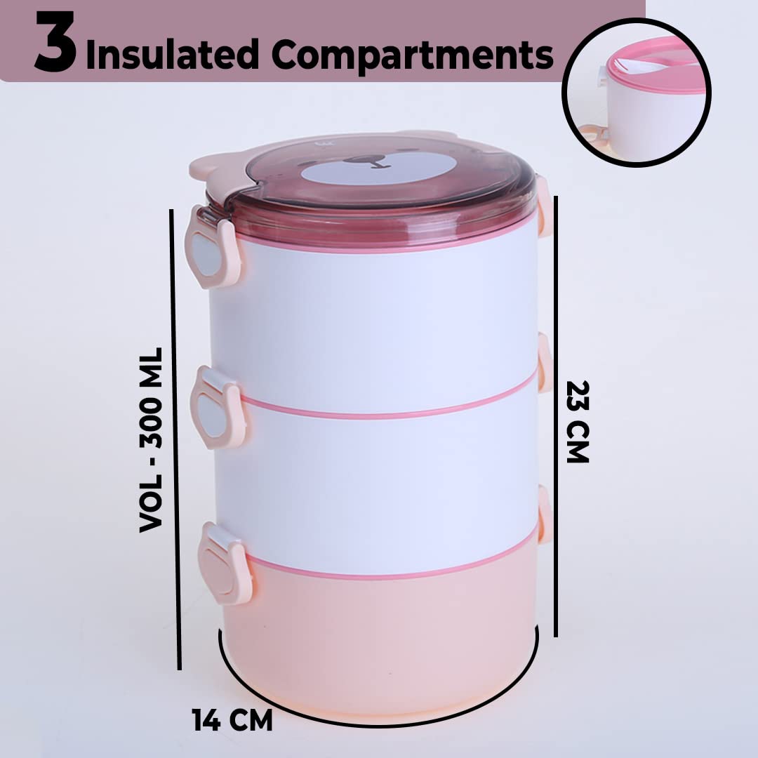 Urbane Home Insulated Lunch Box, 3 Compartments, BPA Free, Leakproof, Dishwasher & Microwave Safe, 3000 ML, Pink.