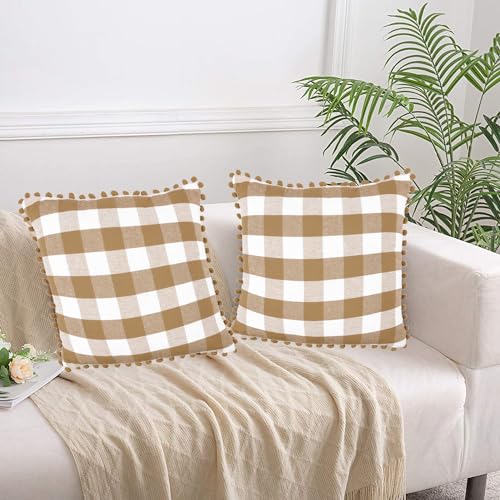 Lushomes 18x18" Beige & White Check Cushion Covers with Pom Pom, Set of 2.