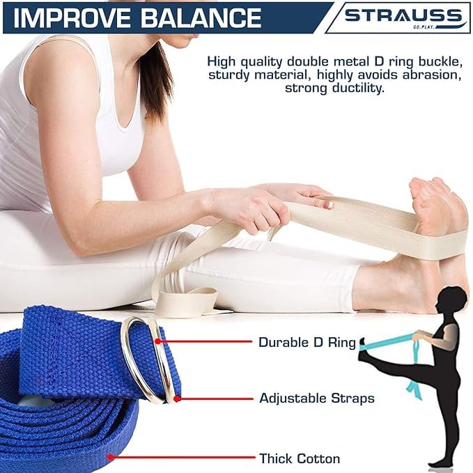 Strauss Yoga Strap, 8ft, Blue, Pack of 24. Ideal for Yoga, Pilates, Therapy, Dance, Gymnastics. Thicker Belt, Adjustable Metal D-Ring Buckle.