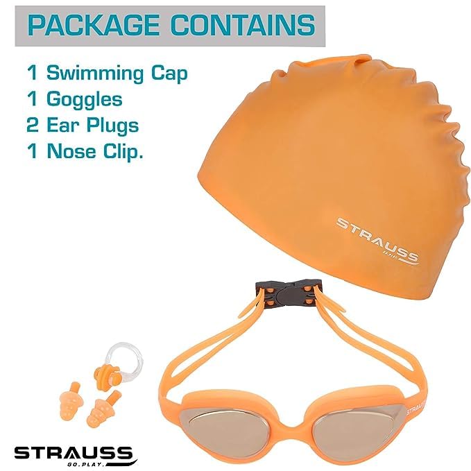 STRAUSS Swimming Goggles Set with UV and Anti Fog Protection  Swimming Kit of GogglesCapEarplug  Nose Plug Set - Ideal for All Age Group  Pack of 10