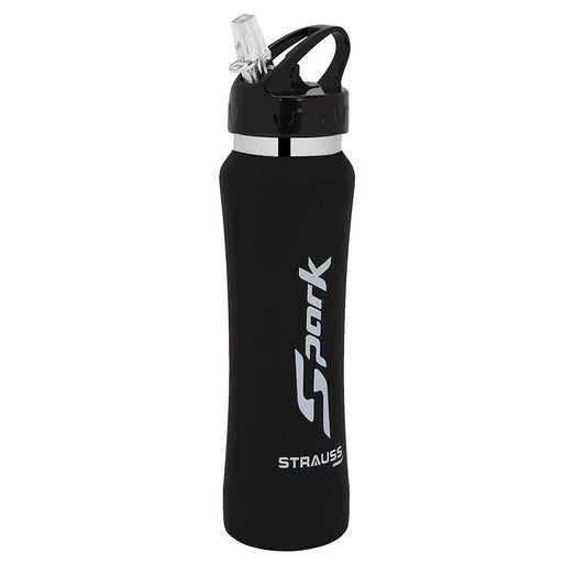 STRAUSS Spark 750ml Leak-Proof Stainless-Steel Water Bottle, Non-Toxic, BPA Free, for Travel, Hiking, Home, Office, School, Rubber Finish Black