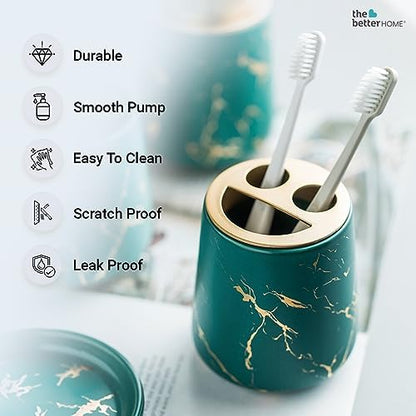 The Better Home 4pcs Ceramic Bathroomware Bathroom Liquid soap Dispenser Set Green Toothbrush Holder and Tumbler Set of 4