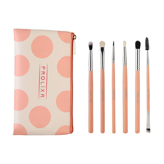 Prolixr Eye Makeup Brush Set: Professional, Precise, Seamless, Hygienic, Vegan. Includes Pink Travel Pouch. 6 Pieces.