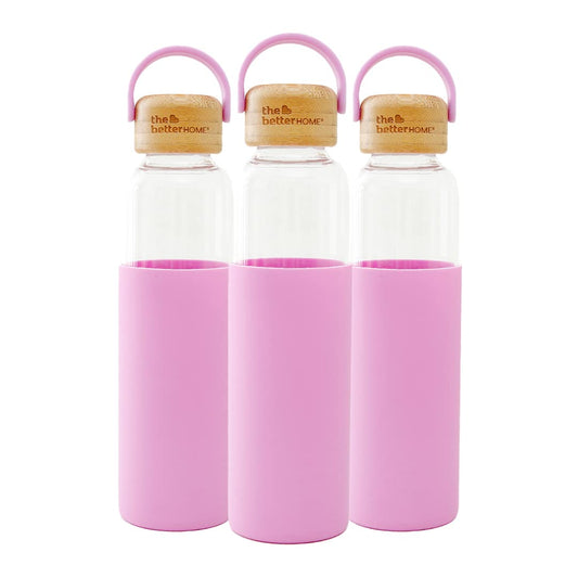 The Better Home Borosilicate Glass Water Bottle 500ml, Non-Slip Silicone Sleeve, Bamboo Lid, Pink, Pack of 3.