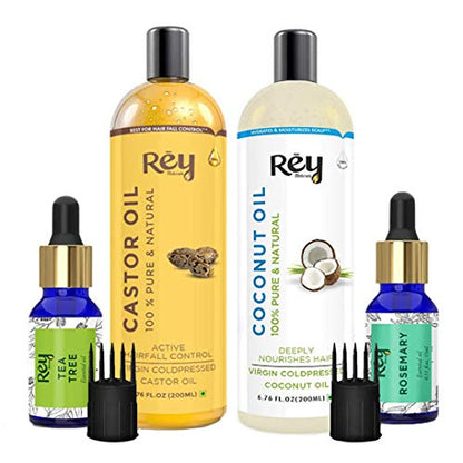 Rey Naturals hair oils kit: Castor, Coconut, Tea tree, Rosemary oils. Controls hairfall, no mineral oil, silicones, or synthetic fragrance.