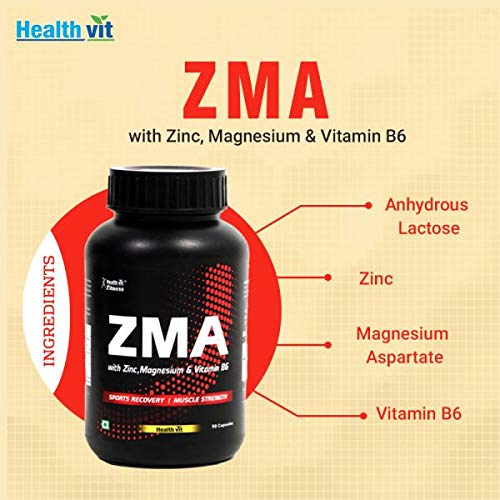 Healthvit Fitness ZMA: Nighttime Recovery, Sleep Quality, Strength, Zinc Magnesium B6, Metabolism & Immunity Booster - 90 Capsules