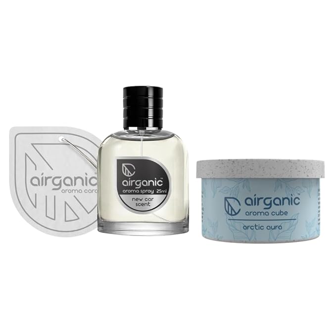 Airganic Aroma Car Freshener Combo Pack  Fine Spray New Car Scent   Aroma Cube Artic Aura air fragrance