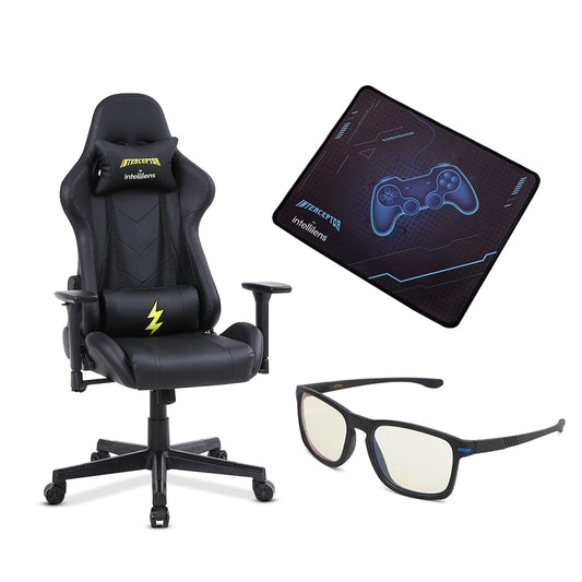 INTERCEPTOR Ergonomic Gaming Chair Gaming Mat  Gaming GlassesCombo  Premium Fabric Adjustable Neck  Lumbar Pillow 3D Adjustable Armrests