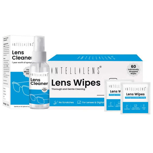 Intellilens Lens Wipes 60 wipes and Lens Cleaner  For Spectacles 30ml with Free Microfiber Cloth  Streak Free  Quick Drying Lens Solution  Lens Cleaner Wipes
