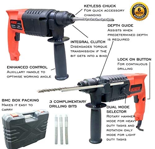 Cheston Rotary Hammer Drill 20MM 500W, 850RPM, 3 Functions, Vibration Control, SDS-Chuck, Heavy Duty for Concrete/Metal, Includes Drill Bits & Tool Box