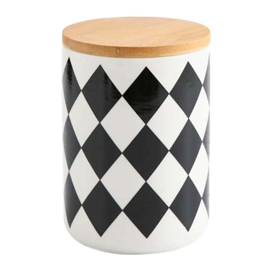 Kuber Industries Ceramic Food Storage Jar, 800 ML, Black-White, Airtight Bamboo Lid, Diamond Pattern, YX10-M-DM