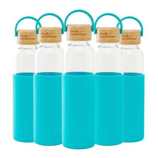 The Better Home Borosilicate Glass Water Bottle 500ml, Non-Slip Silicone Sleeve, Bamboo Lid, Light Blue, Pack of 5.