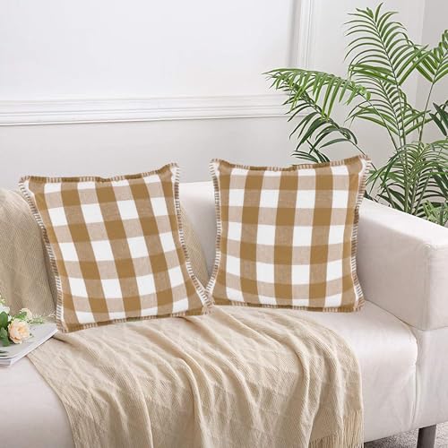 Lushomes 18x18" Beige/White Check Cushion Covers, Set of 2, Cotton, Blanket Stitch.