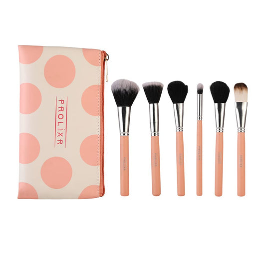 Prolixr Professional Face Makeup Brush Set with Pink Pouch - Foundation, Contour, Blush, Concealer - Vegan, Cruelty-Free - 6 Pieces