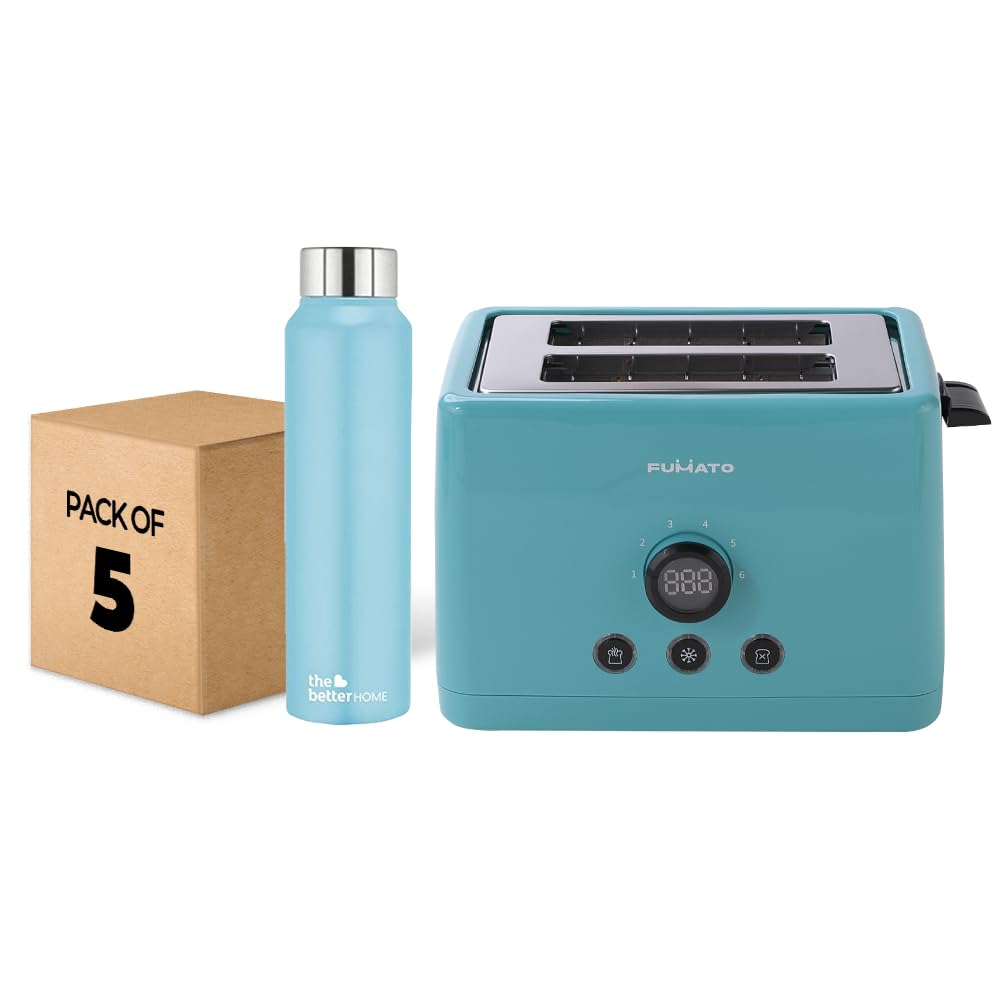 The Better Home FUMATO 1000 Watt 2 Slice Pop-up Toastmate Toaster  Stainless Steel Water Bottle 1 Litre Pack of 5 Blue