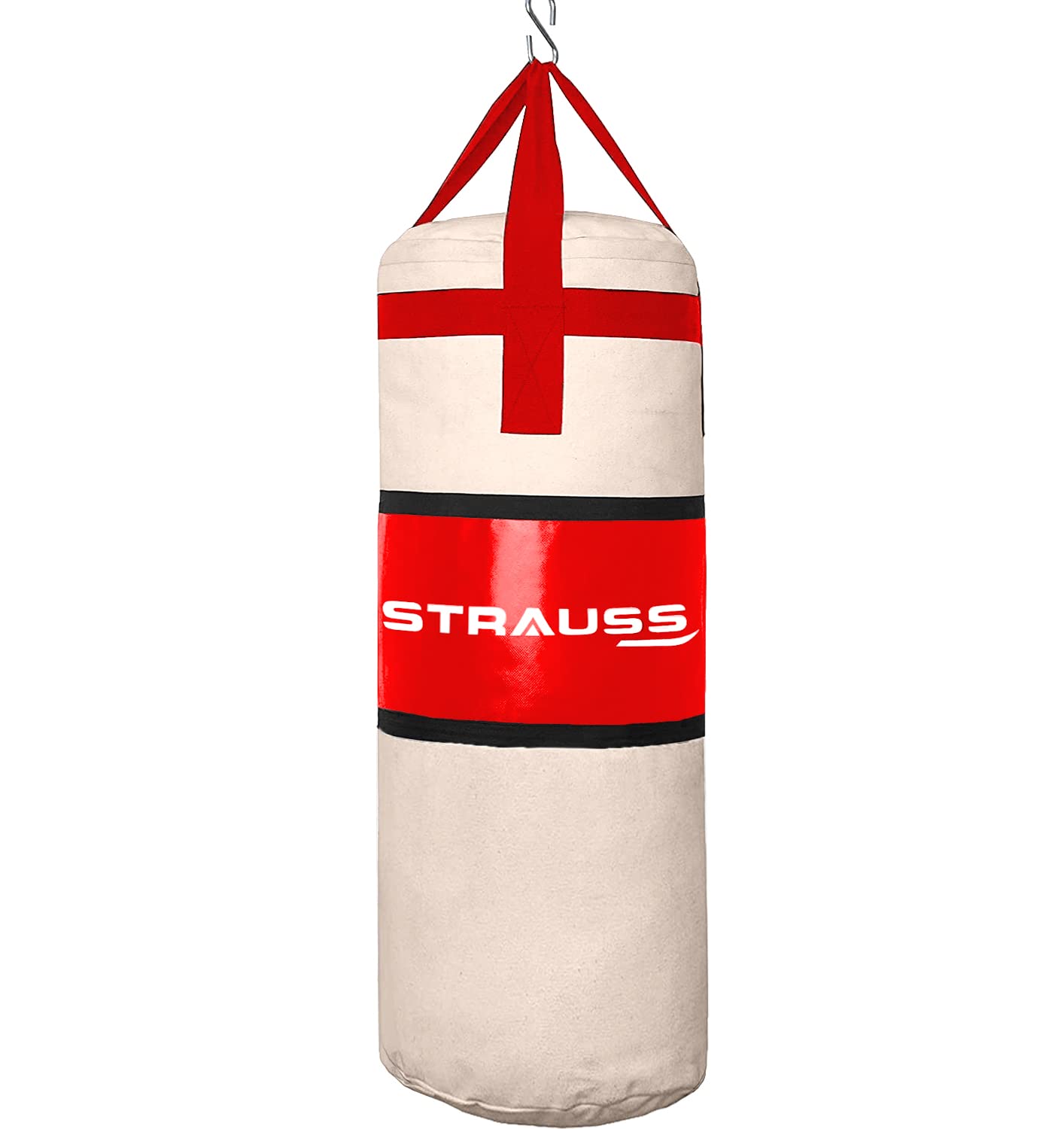 Strauss 4ft Heavy Duty Punching Bag, Hanging S Hook, Zippered Top, Ideal for Boxing, MMA, Muay Thai, Home Gym, Fitness Training, Cream/Black.