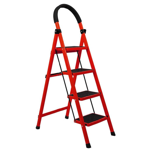 Cheston Premium MS Steel 4-Step Foldable Home Ladder - 5.1 FT Anti-Skid with Wide Pedal Hand Grip and Sturdy Construction Supports Over 150 Kgs RedBlack