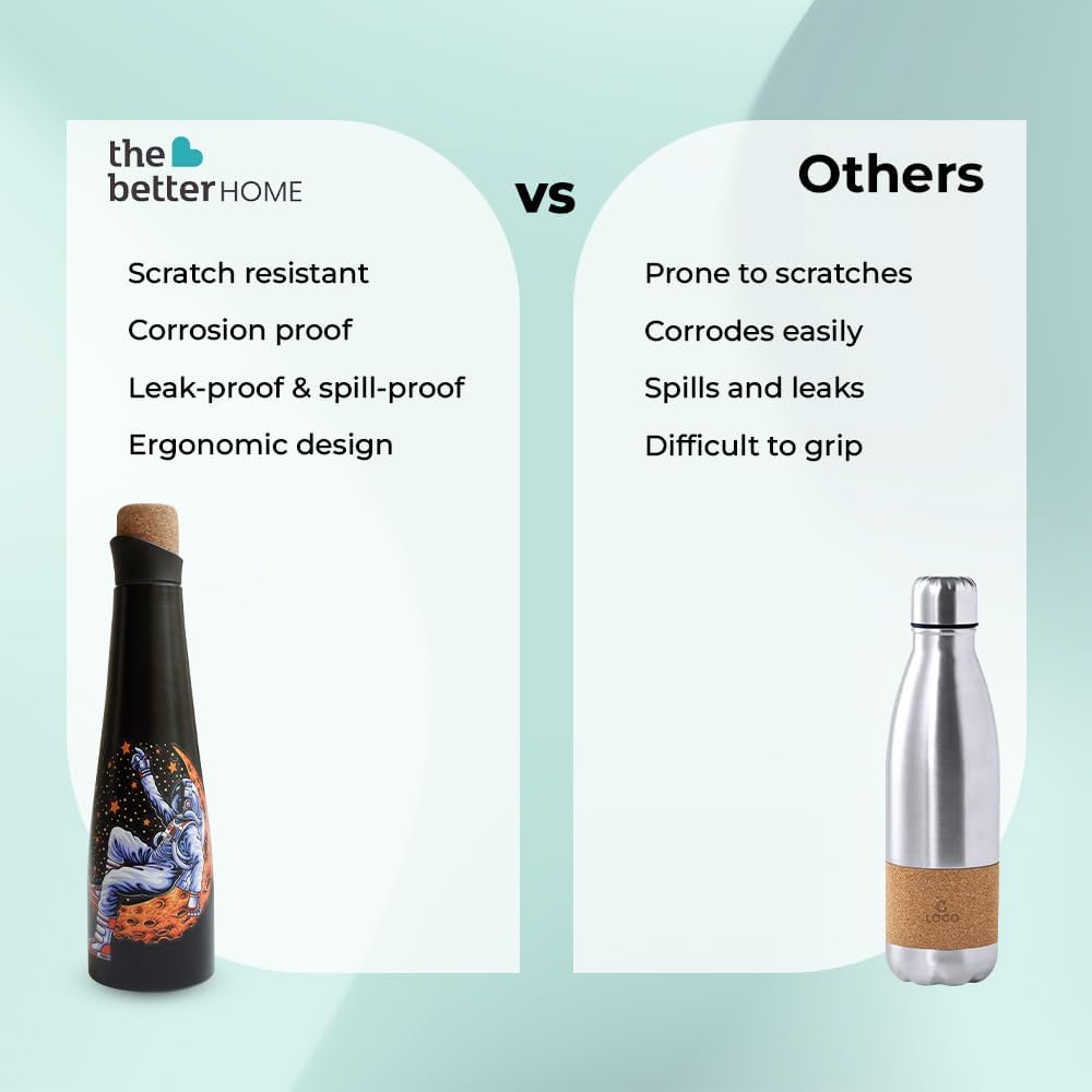 The Better Home Bliss Series 500ml Insulated Stainless Steel Water Bottle with Cork Cap for Hot/Cold Water, Office, Kids, Aesthetic.