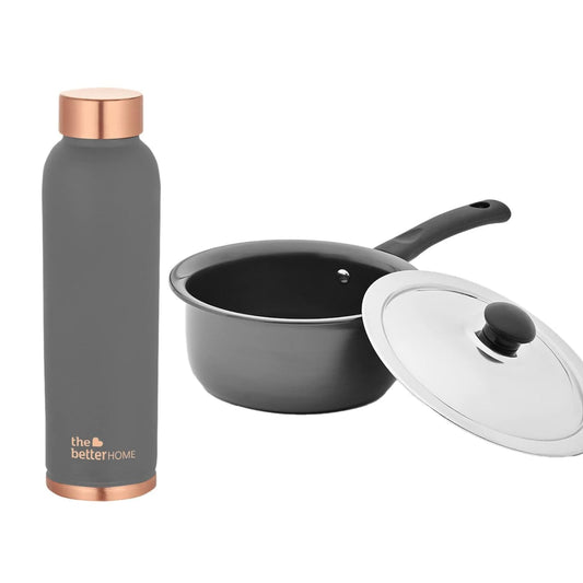 The Better Home Copper Water Bottle 1L Teal, Savya Home Saucepan with Lid, Induction Cookware 16cm 1L Green