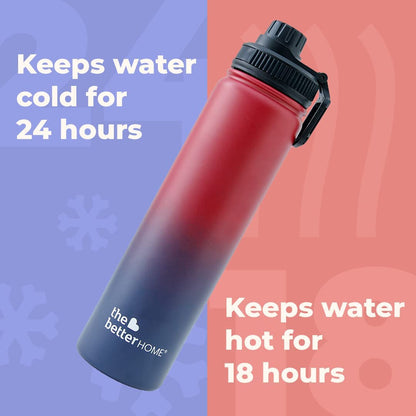 The Better Home 710ml Stainless Steel Insulated Water Bottle, BPA Free, Hot/Cold, Maroon-Blue.